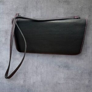 Marmi Leather Purse Wristlet Wallet Womens Large Black Pink Contrast Stitch